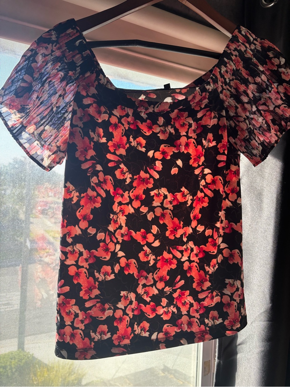 White House Black Market Black Floral Off-Shoulder Blouse with Ruffled Sleeves